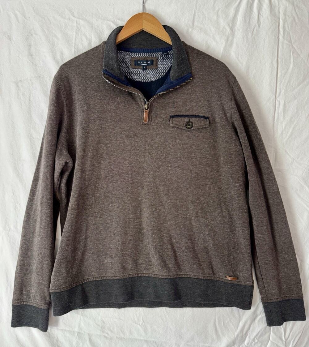 Ted Baker London Mens 1/4 Zip Pullover Brown Pocket Stretch Preppy XXL Size 6